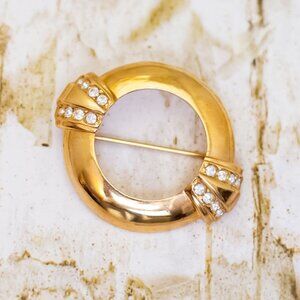 Vintage Clear Rhinestones Gold Tone Round Circular Brooch by Avon - B15